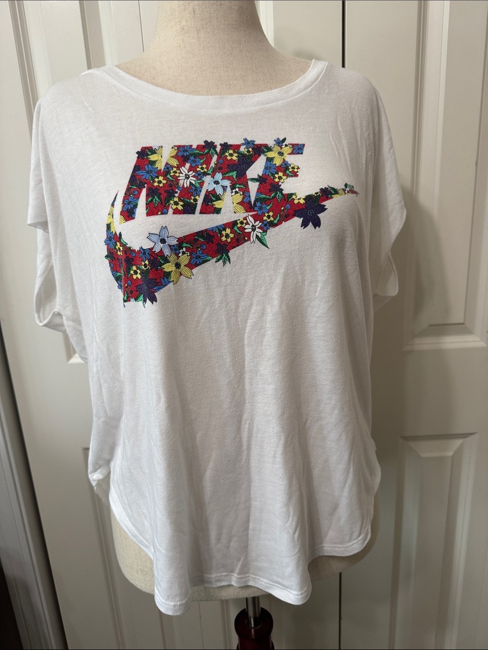Nike White Tee with Multicolor Floral Swoosh